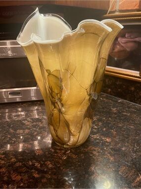 Handblown Olive Green Marbled Glass Vase with Ruffled Rim